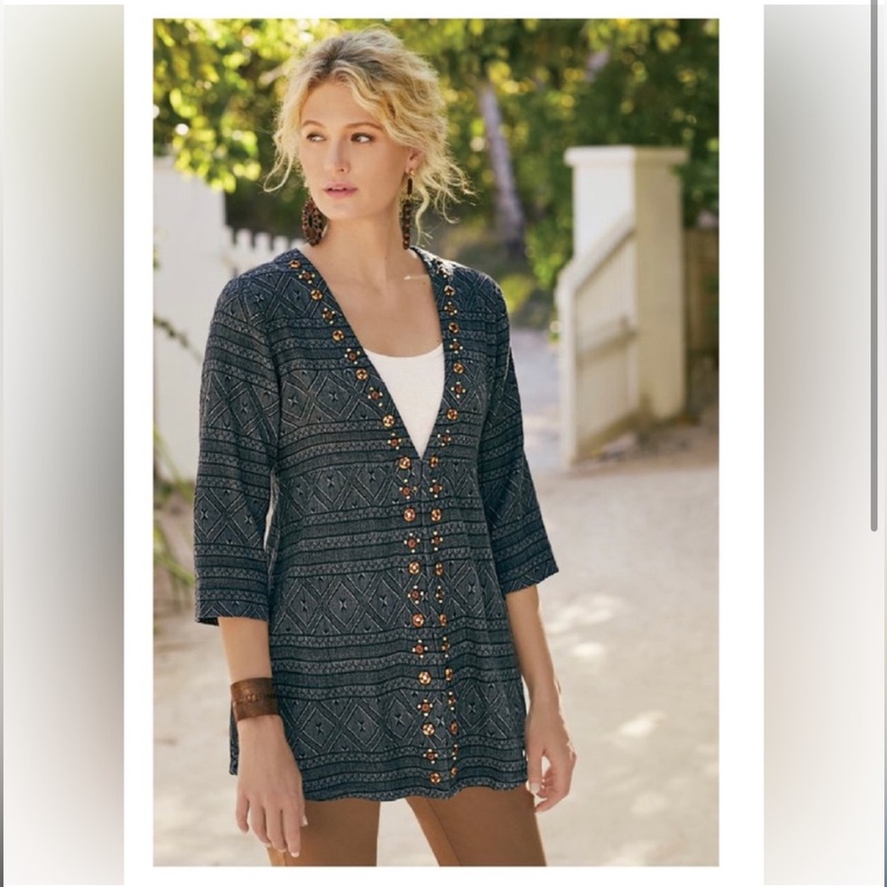 Soft Surroundings Beatrice Tribal Beaded Mirrored Grey Cardi Jacket Size PXSSoft